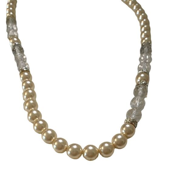 Necklace 12” Classic Pearl Rhinestone Beads Long Evening Wedding Unique Clasp - Picture 5 of 8